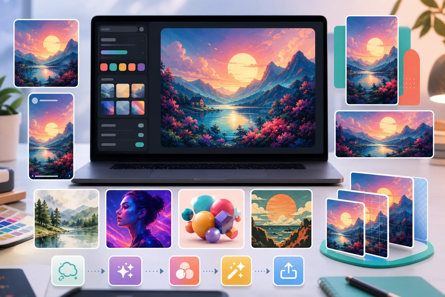 AI social media art workflow generating original artwork, applying filters, enhancing details, and exporting platform formats