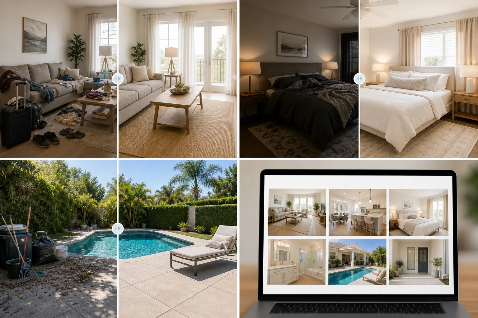 AI Airbnb host photo workflow removing clutter from living rooms, brightening bedrooms, cleaning pool and patio amenity shots, and preparing polished rental listing galleries