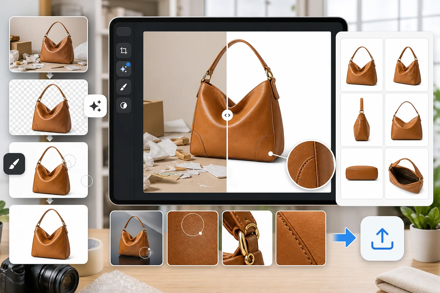 AI Amazon seller product photo workflow removing cluttered backgrounds, cleaning reflections, enhancing product detail, and preparing consistent white listing images