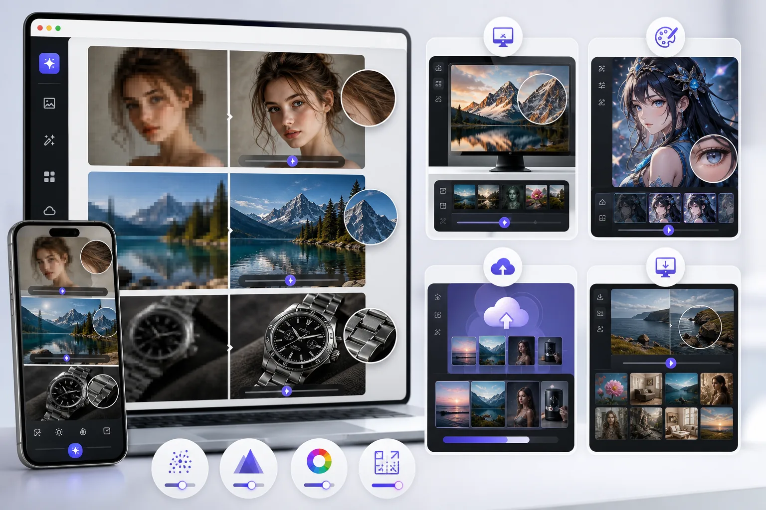 Category roundup interface comparing AI image upscalers for portraits, landscapes, products, batch workflows, and quality enhancement