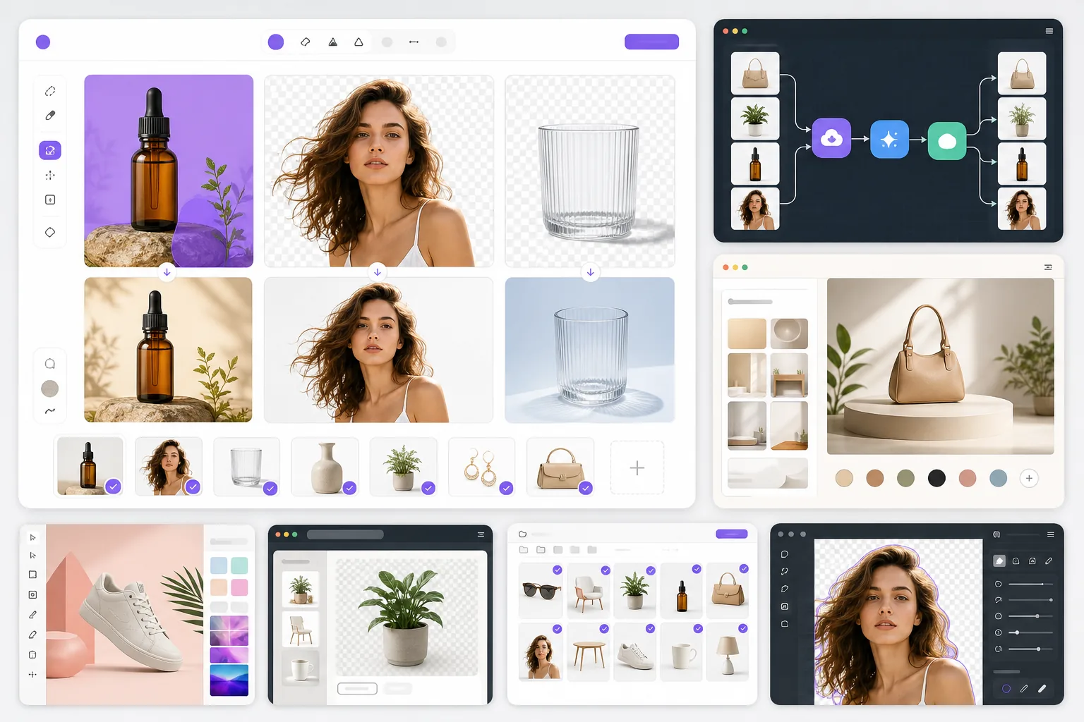 Comparison dashboard of AI background remover tools for products, portraits, and batch workflows
