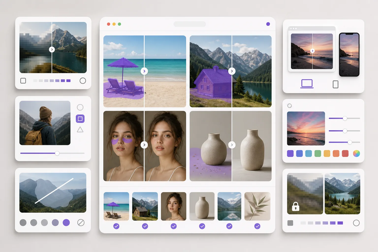 Comparison dashboard of free photo editors with AI editing tools and free-tier limitations