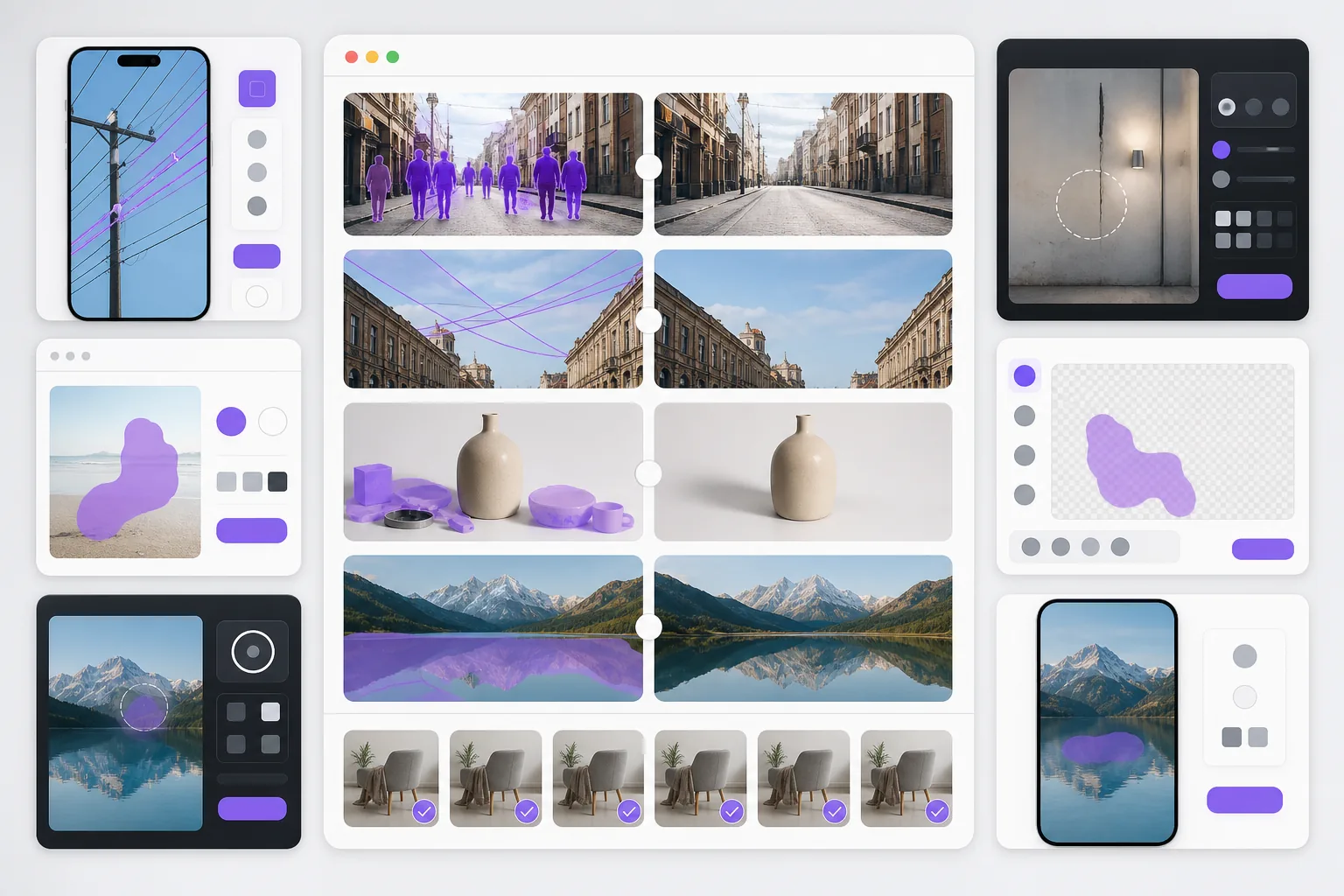 Comparison dashboard of AI object removal tools for people, wires, products, and batch cleanup