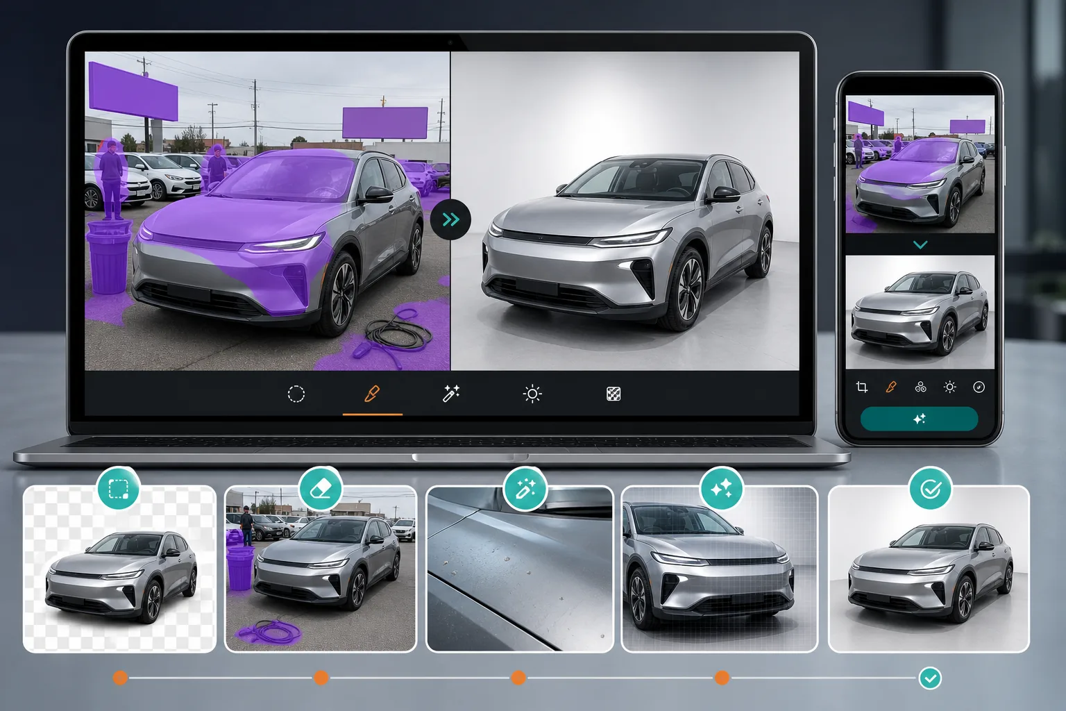 AI car photo editing workflow removing lot clutter, cleaning reflections and blemishes, and enhancing showroom-ready vehicle listings