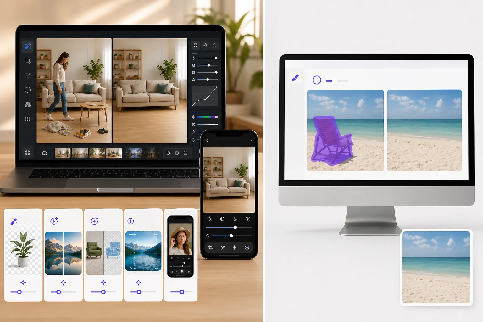Comparison of a full AI photo editor cleanup workflow and a minimalist web object removal brush tool