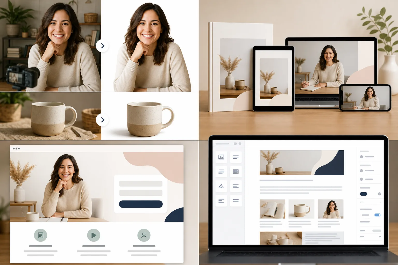 AI ConvertKit creator image workflow removing backgrounds from portraits and products, preparing digital product mockups, landing page graphics, and polished email newsletter visuals