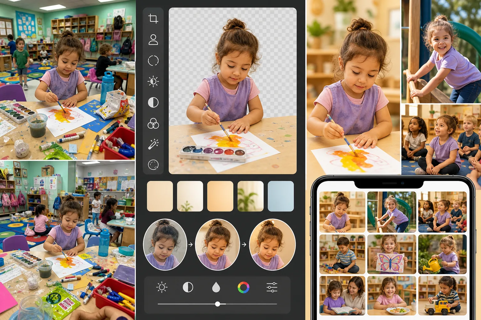 AI daycare and preschool photo workflow isolating children from classroom clutter, warming fluorescent lighting, and preparing privacy-safe parent updates