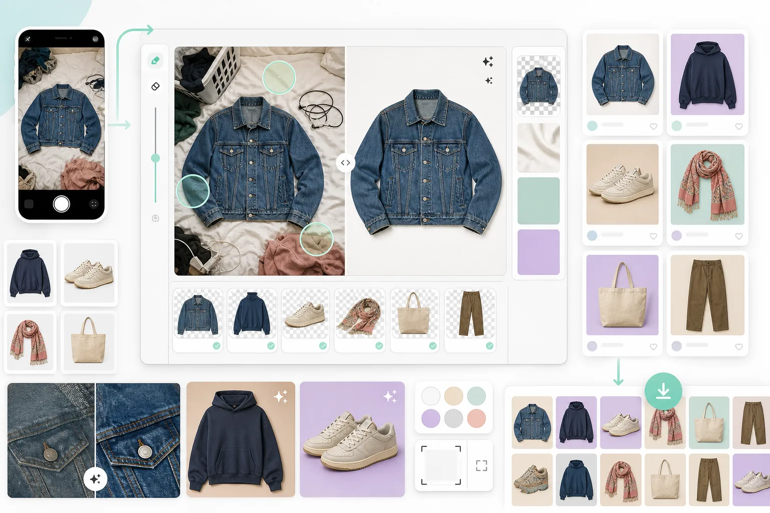 AI Depop fashion resale workflow cleaning vintage and streetwear photos, removing cluttered backgrounds, creating feed-ready clothing cutouts, enhancing fabric details, and organizing visual marketplace listing thumbnails