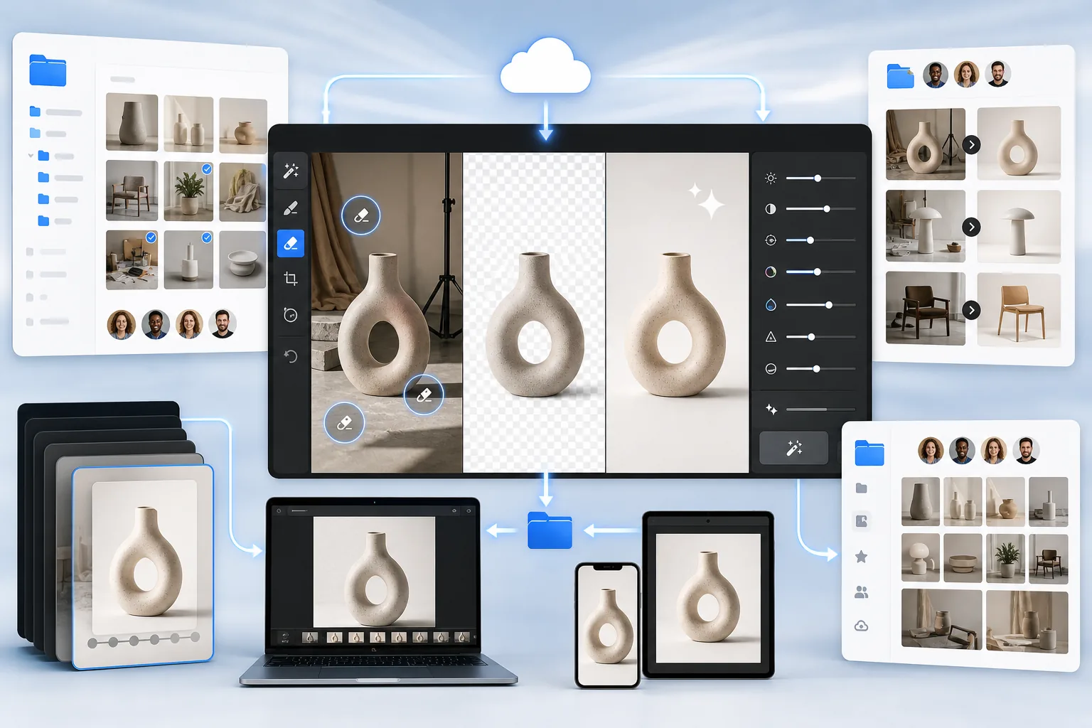 AI Dropbox photo workflow editing cloud-synced images, removing backgrounds and distractions, enhancing product assets, organizing versions, and saving polished files back to shared folders
