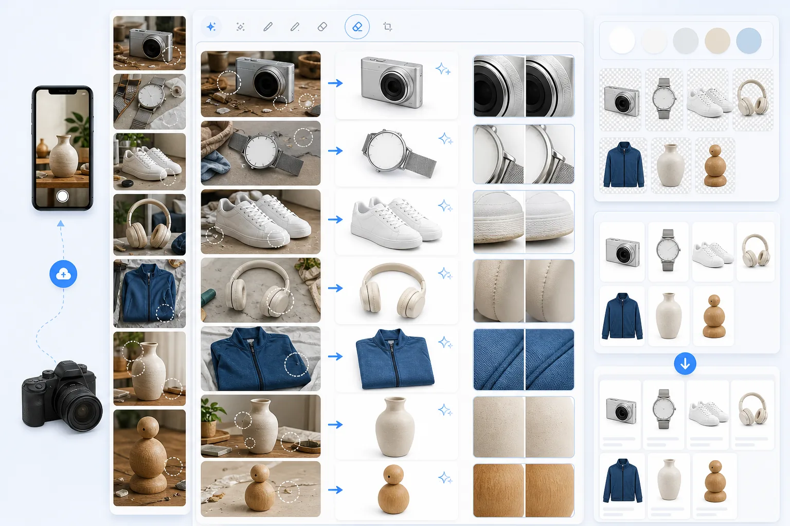 AI eBay seller inventory workflow removing clutter from product photos, creating white-background listing images, enhancing buyer-confidence details, and batch processing camera, watch, shoes, headphones, jacket, vase, and collectible thumbnails