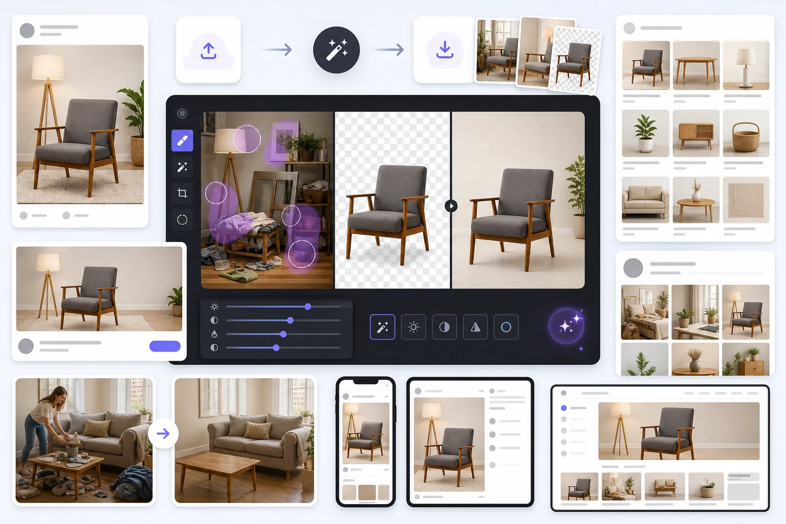 AI Facebook image prep workflow creating clean Marketplace listings, polished ad creatives, business page visuals, enhanced personal photos, and social post previews
