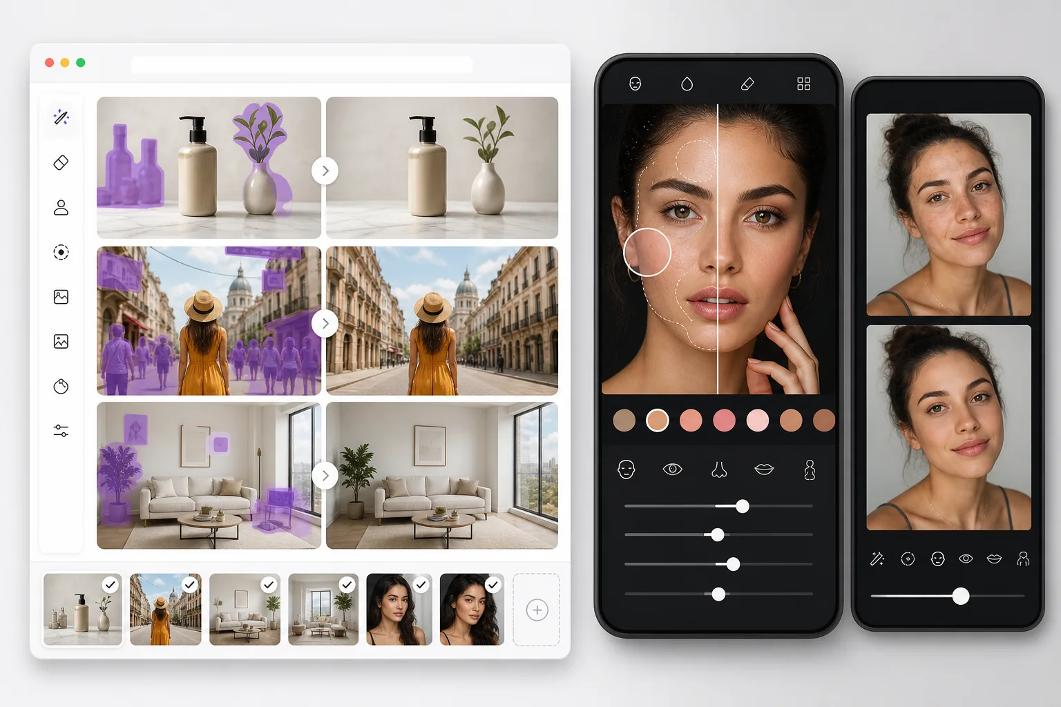 Comparison of all-photo AI cleanup and mobile portrait retouching workflows