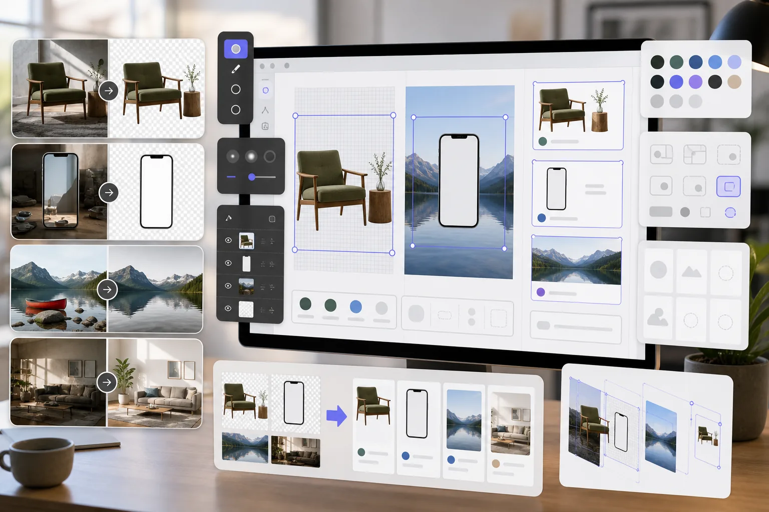 AI Figma design asset workflow creating transparent product cutouts, cleaning reference images, enhancing photos, and importing assets into design frames
