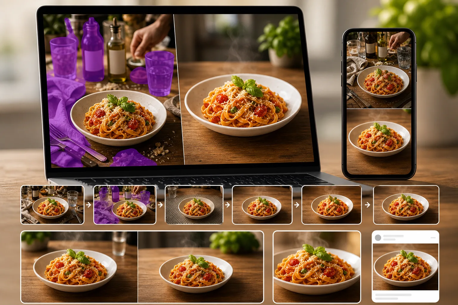 AI food photography workflow removing table clutter, repairing surfaces, enhancing color, and preparing menu-ready dish photos