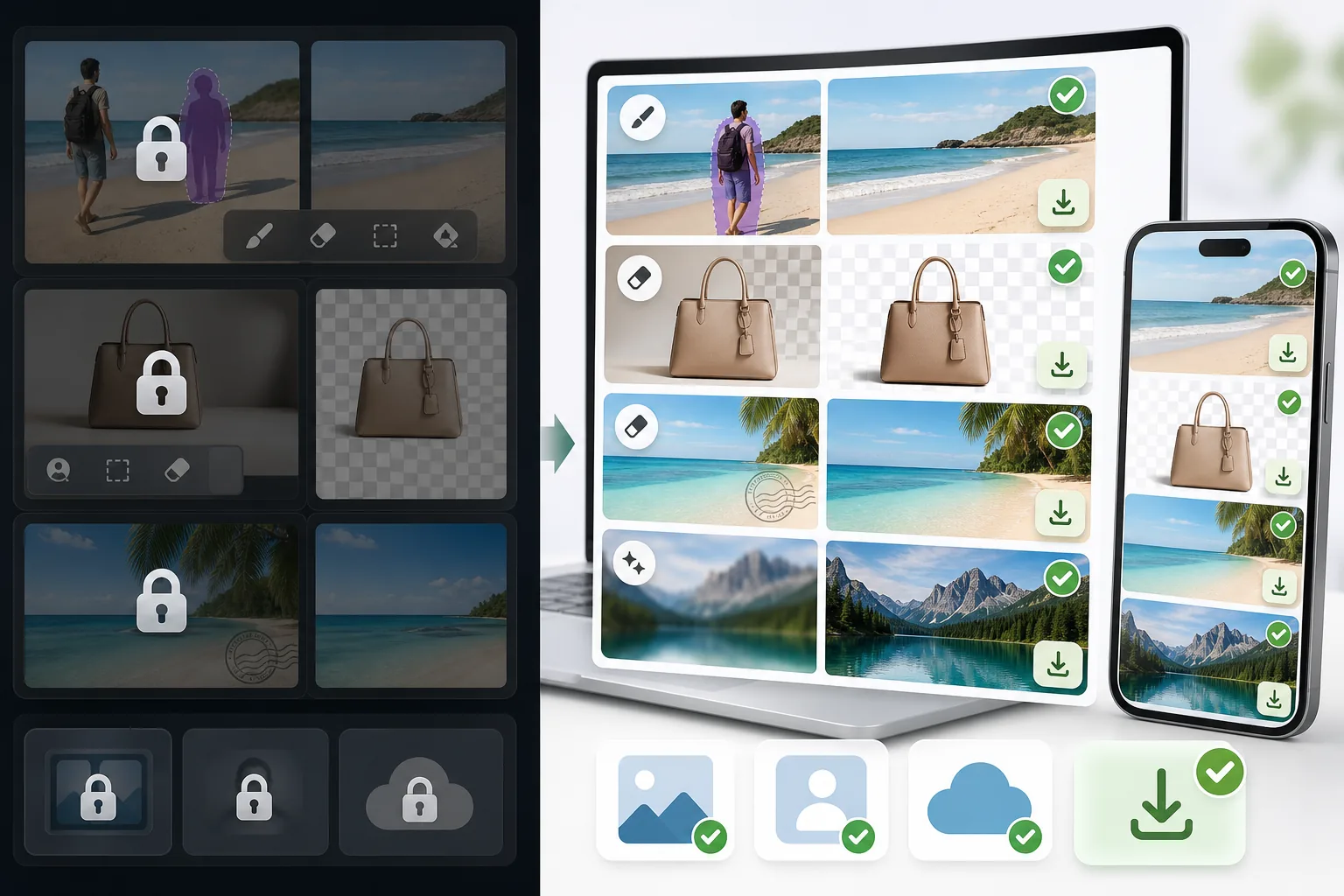 Comparison of locked Pro cleanup tools and unlocked AI object background watermark and enhancement workflows