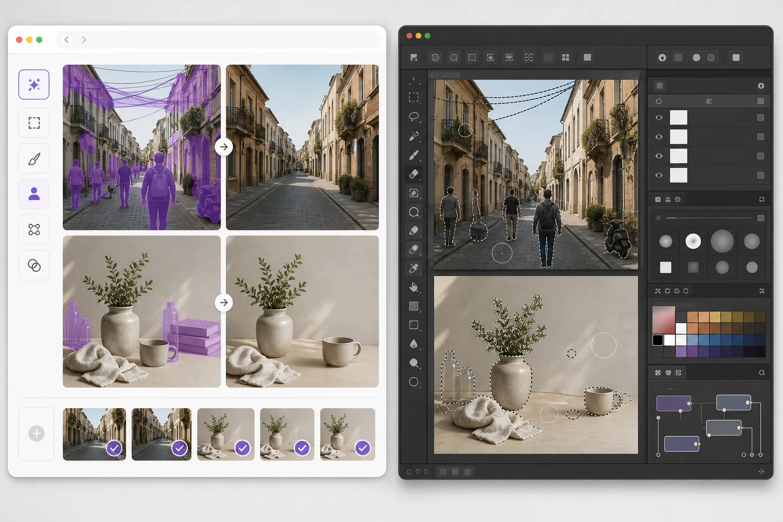 Comparison of one-click AI cleanup and manual desktop image editing workflows