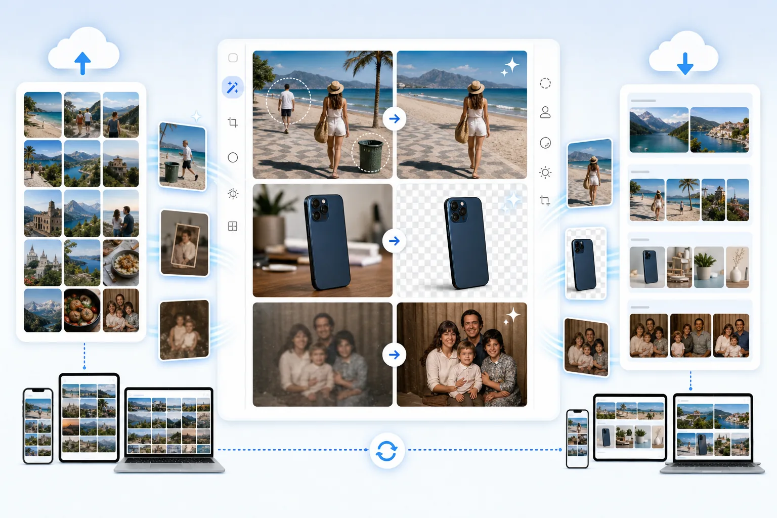 AI Google Photos library workflow downloading cloud photos, removing vacation distractions, creating clean product cutouts, enhancing old family photos, and syncing polished images back across devices