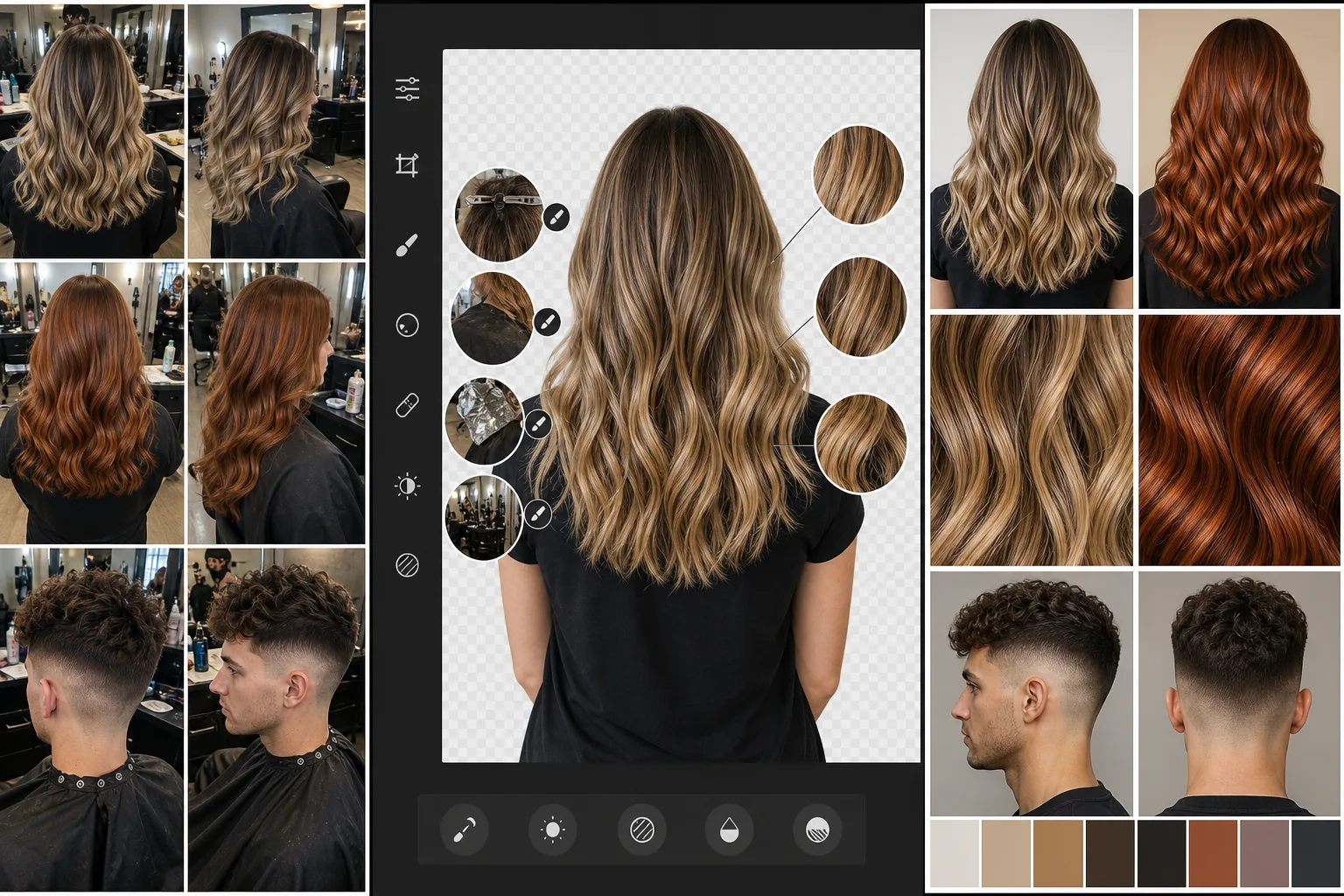 AI hair salon portfolio workflow correcting salon lighting, removing station clutter, and preparing clean stylist portfolio images