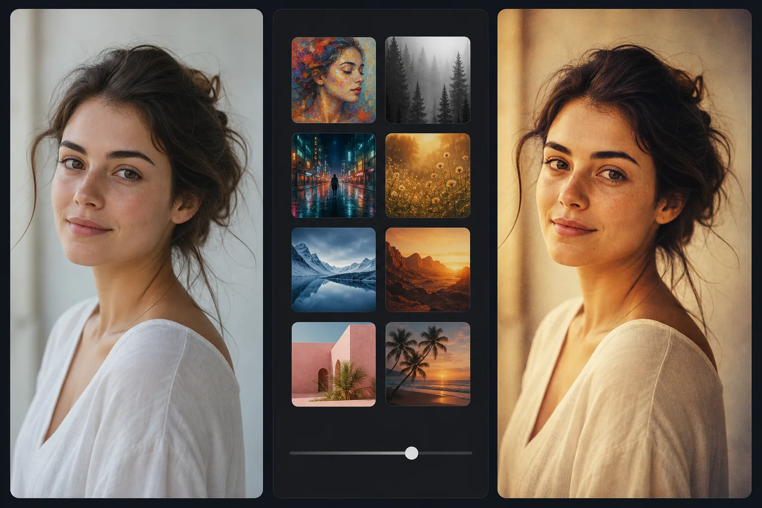 Workflow showing an original portrait, AI filter style previews with an intensity slider, and a warm cinematic filtered result