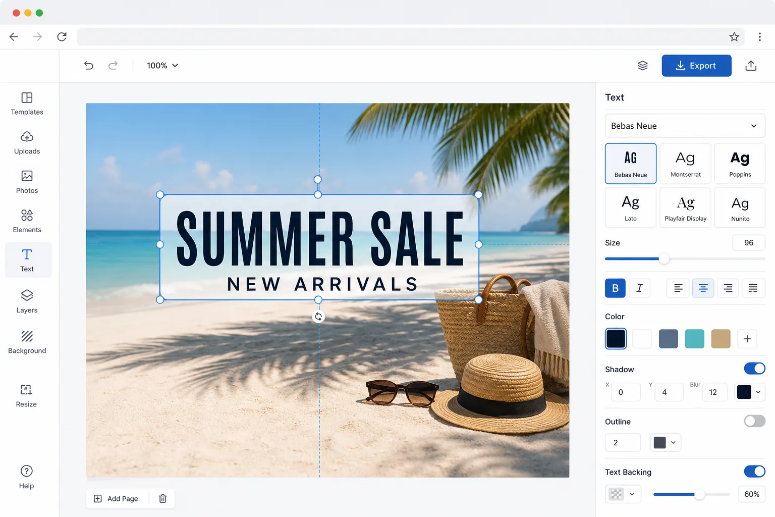 Photo text design workflow showing a beach image with editable headline and subheading layers plus font, color, size, shadow, and backing controls