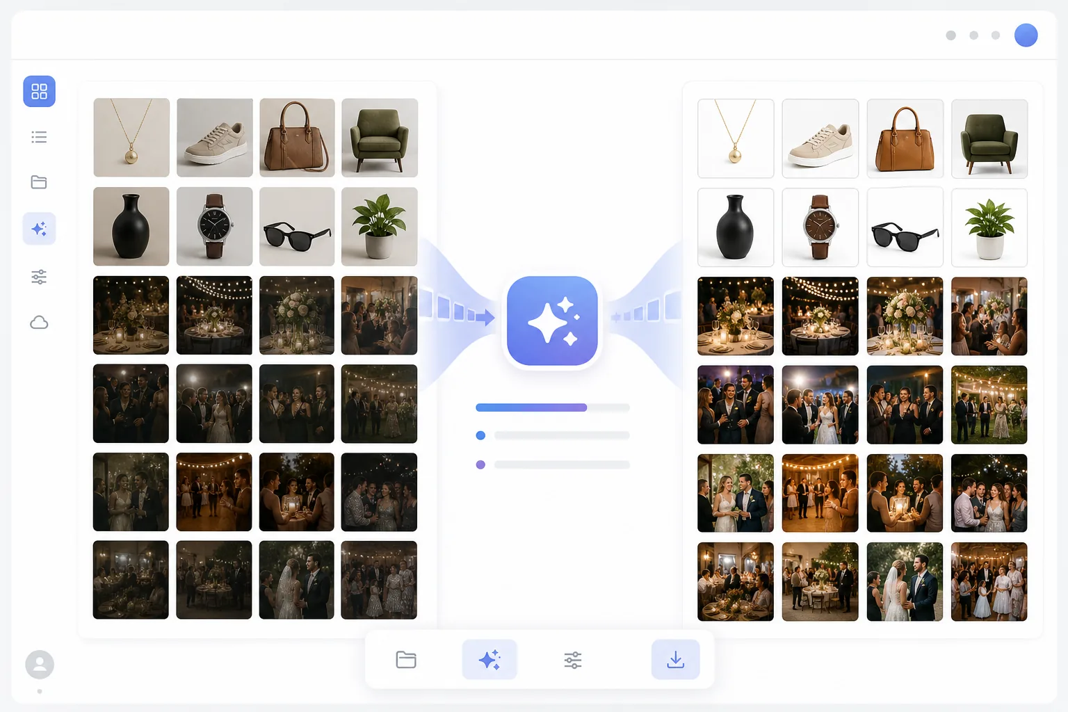 Batch photo editing workflow showing multiple uploaded images processed by AI into consistent polished results for download