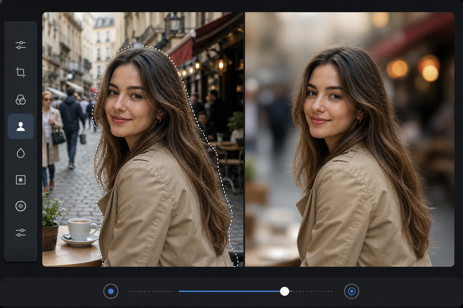 Background blur workflow showing a portrait subject kept sharp while the busy background is softened with natural bokeh