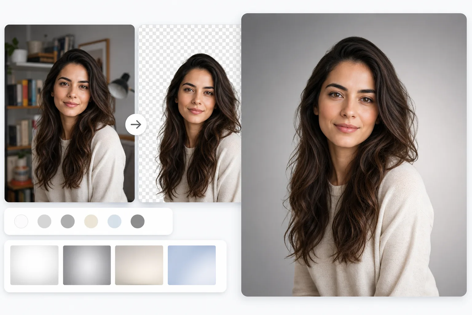 Portrait workflow showing a cluttered original background removed, refined as a transparent cutout, and replaced with a clean studio backdrop