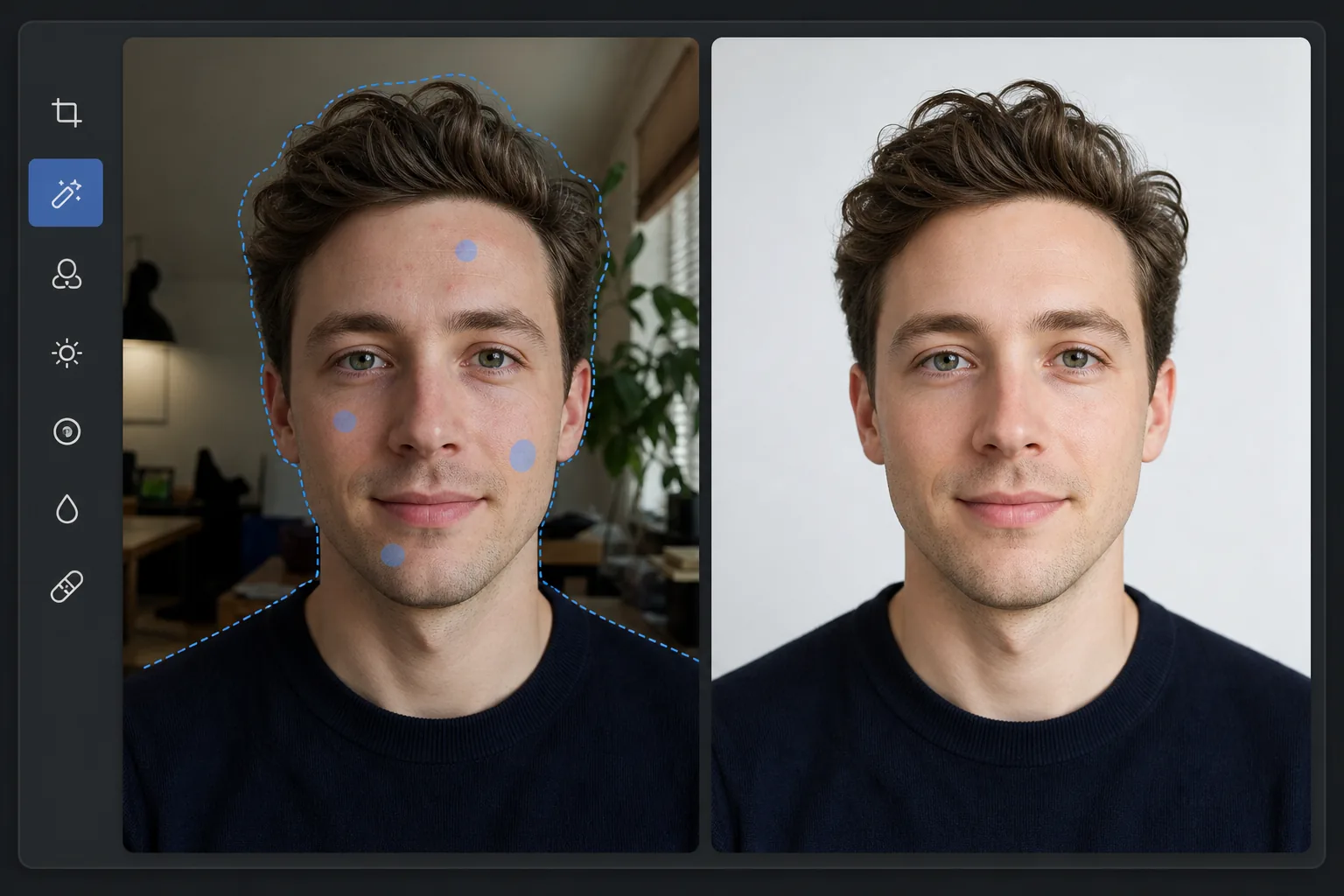 Headshot cleanup workflow showing a casual portrait refined with background replacement, blemish cleanup, and natural lighting enhancement