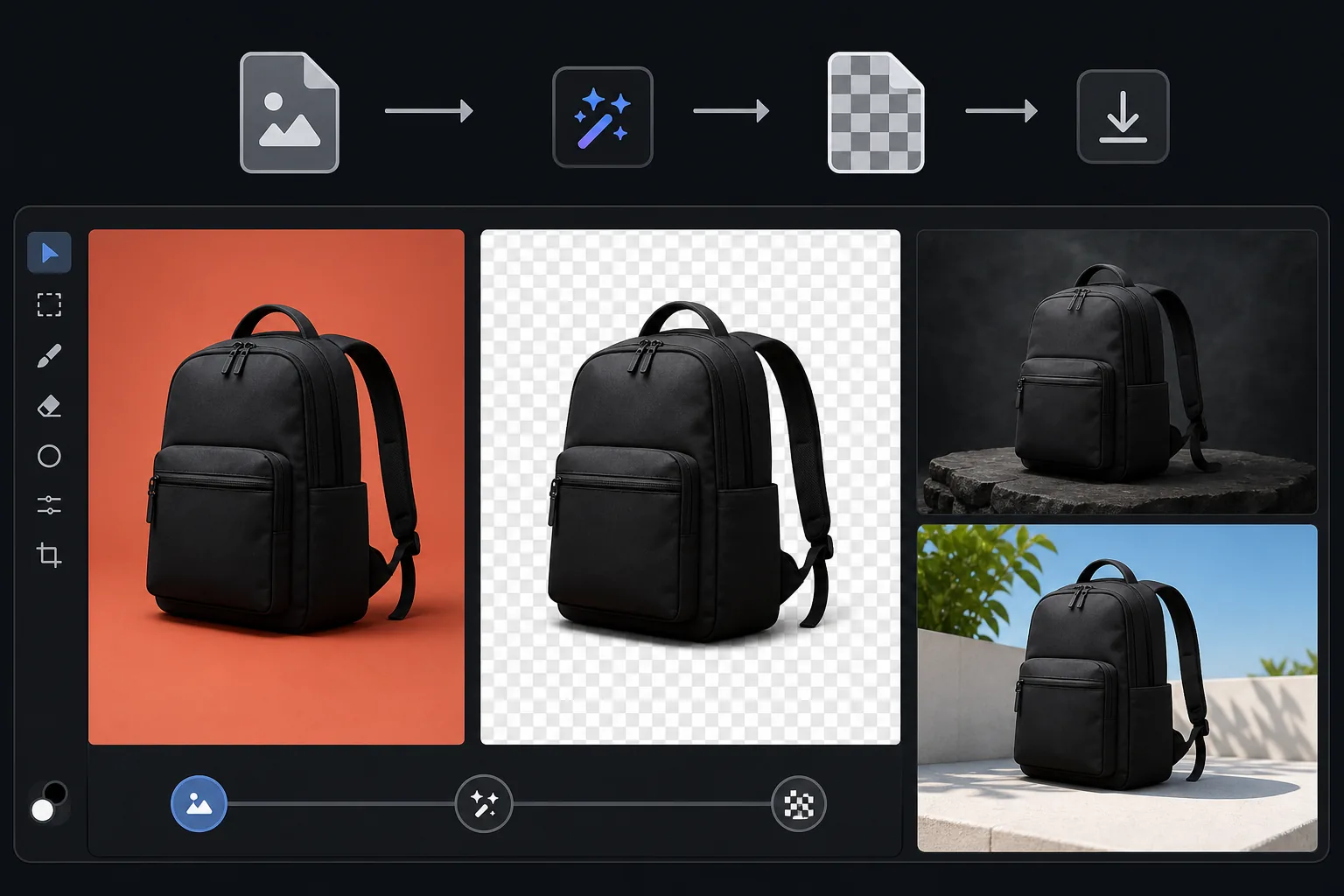Photo to transparent PNG workflow showing a product cut out from a colored background, exported on checkerboard transparency, and placed on new designs