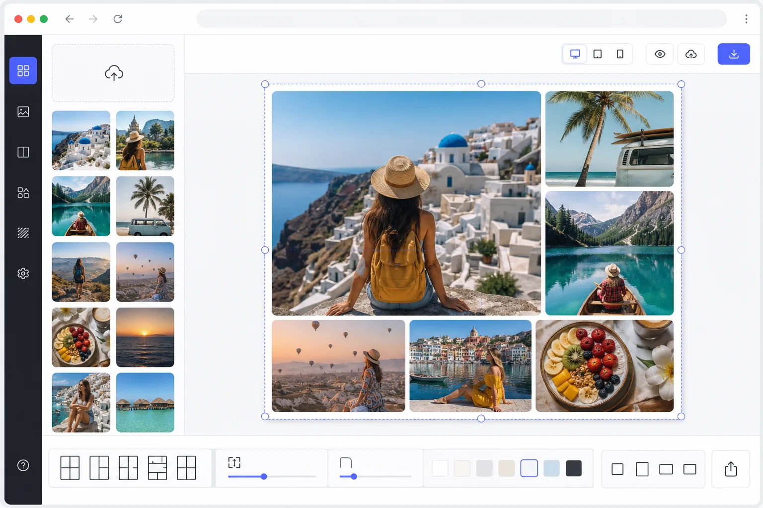 Photo collage design workflow showing uploaded images arranged into a customizable grid layout with spacing, rounded corners, and export controls