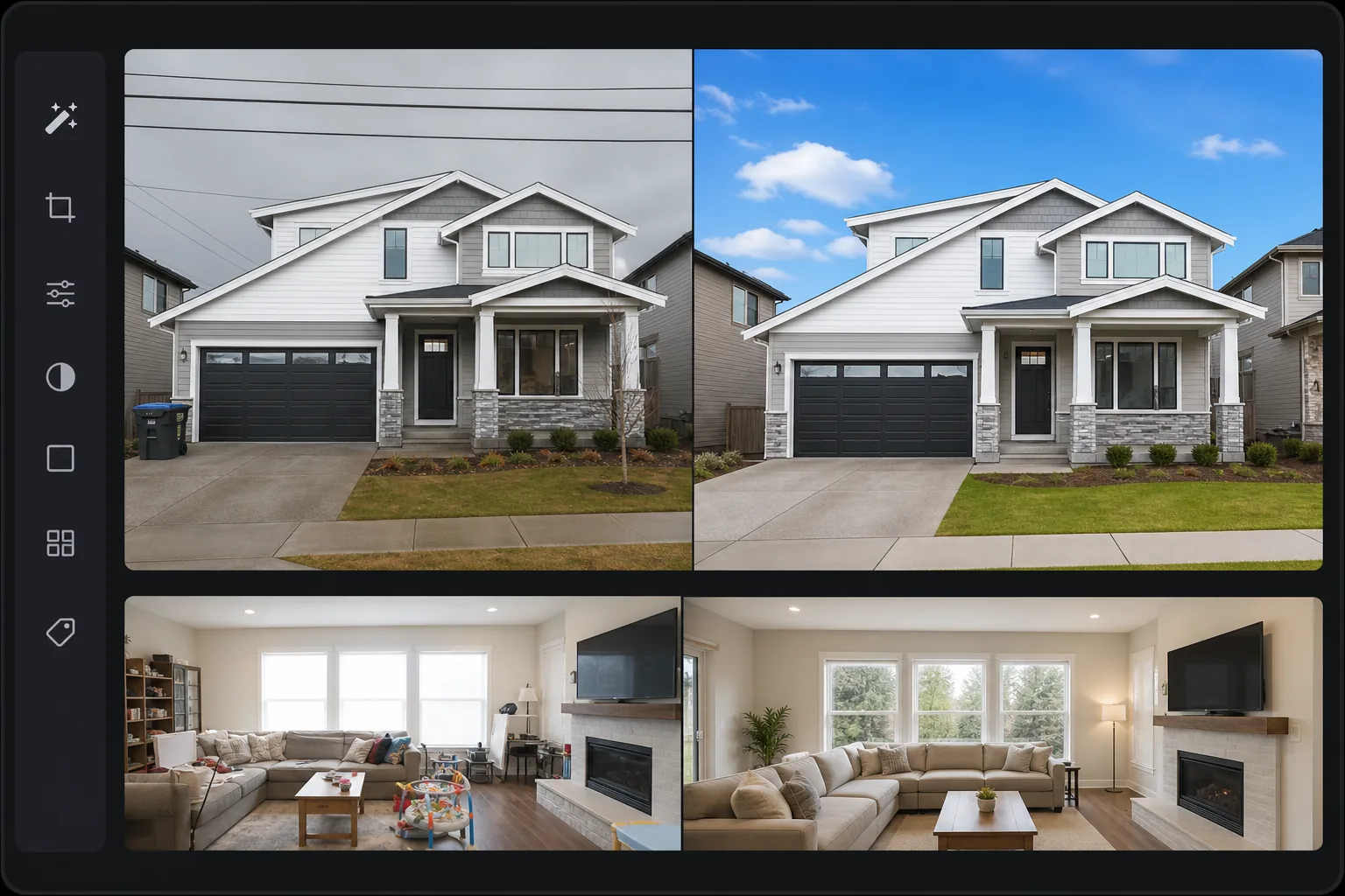 Real estate photo editing workflow showing exterior sky replacement, curb appeal cleanup, interior decluttering, and balanced room lighting