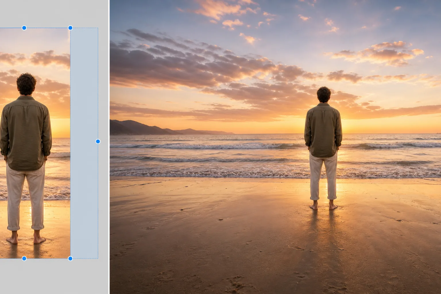 Before and after beach portrait showing a tight vertical crop expanded into a wide landscape banner