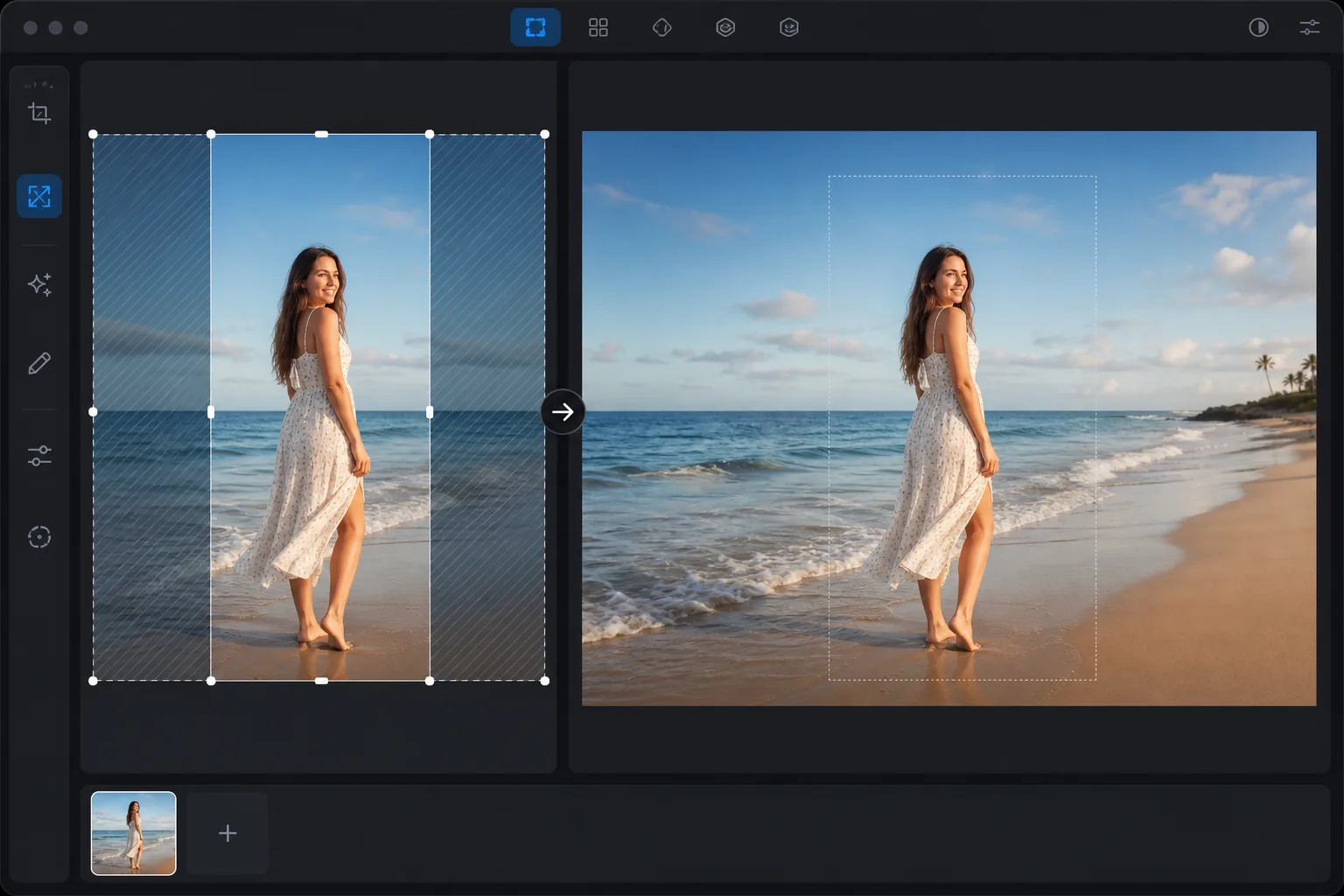 AI outpainting workflow showing a tight portrait expanded into a wide beach scene with newly generated sky, ocean, and sand