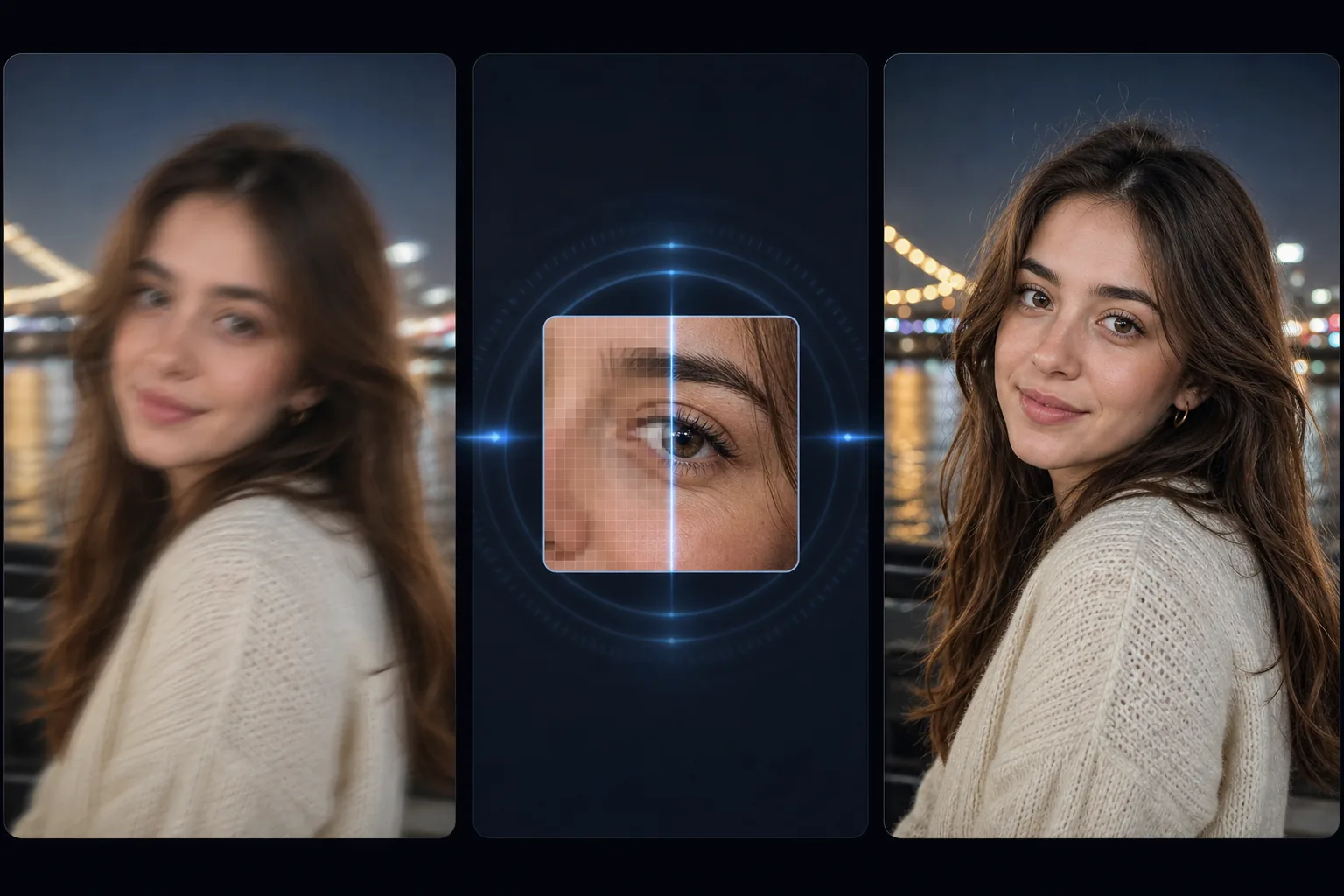 Three-panel AI Enhance workflow showing a blurry low-light portrait sharpened into a clear photo with crisp facial detail