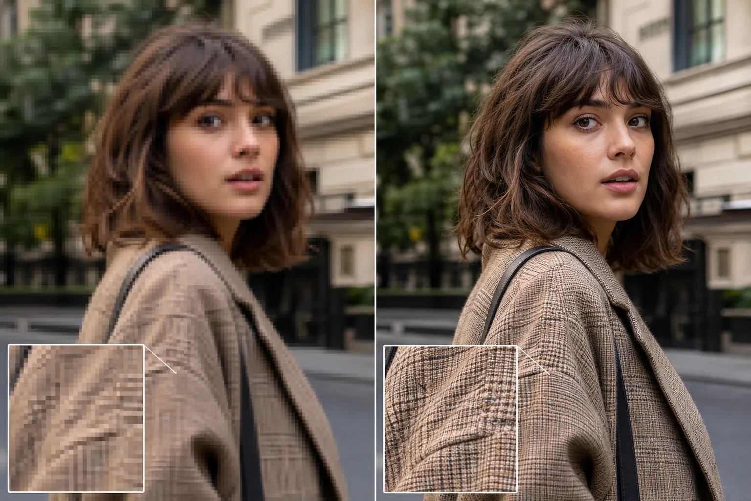 Before and after portrait showing pixelated low-resolution detail upscaled into a sharp HD photo