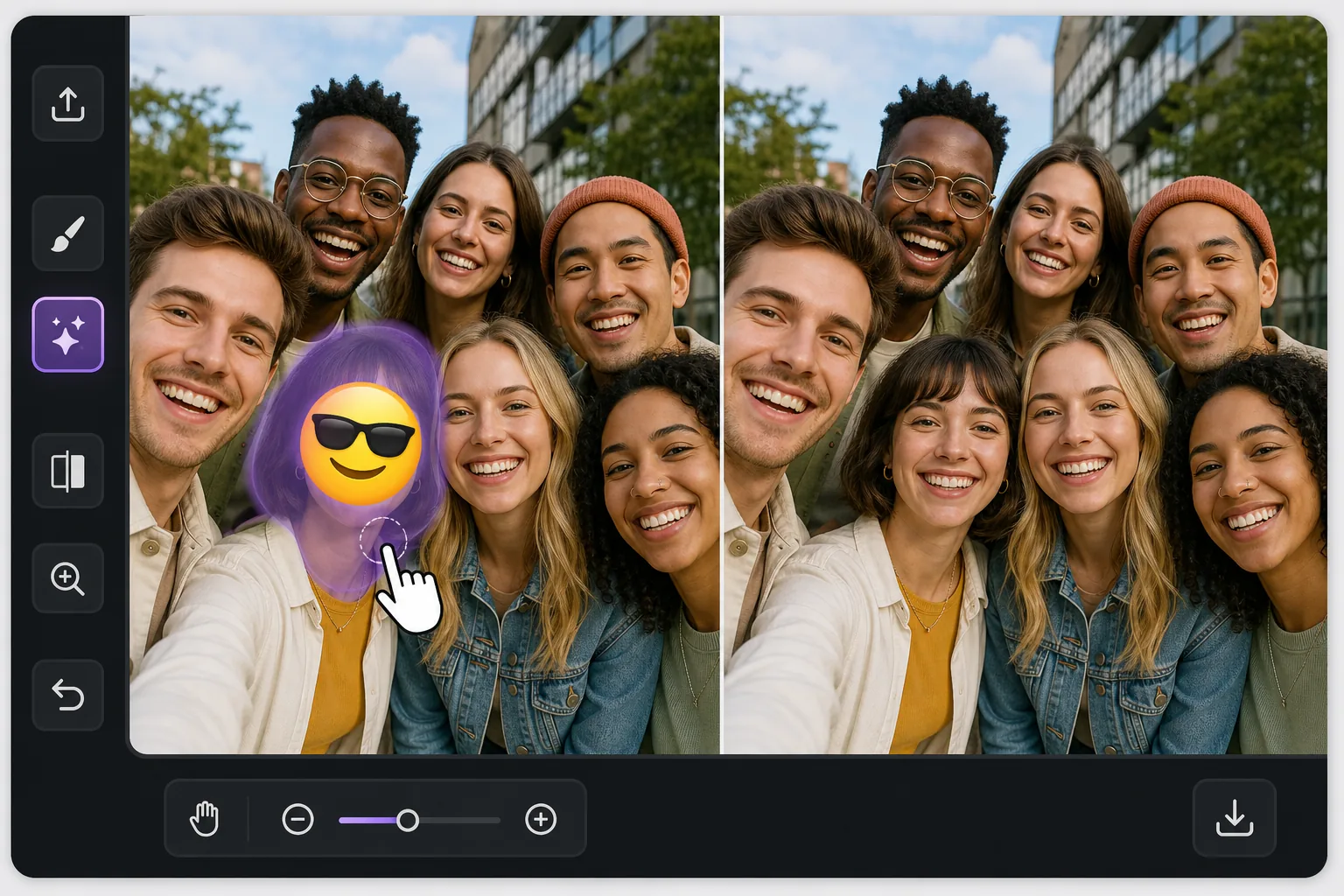 Group photo emoji removal workflow showing one covered face selected with a brush and a clean AI-reconstructed group preview