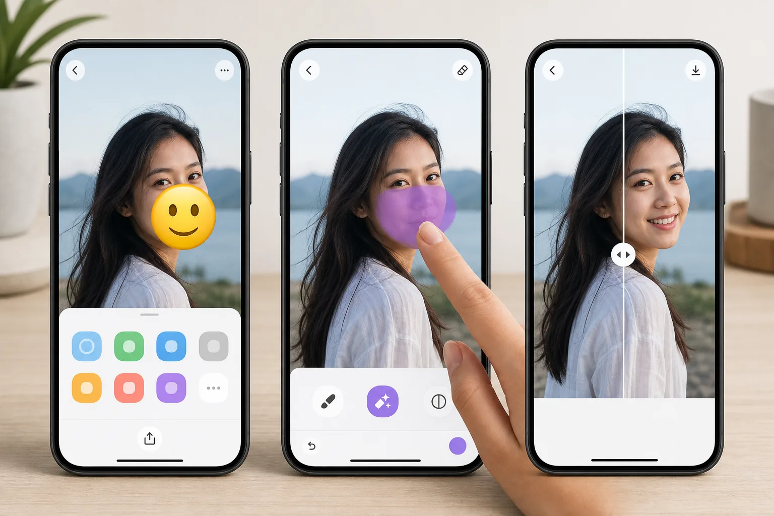 Mobile emoji removal workflow showing a photo shared from a phone gallery, brushed over with a finger, and saved as a cleaned image