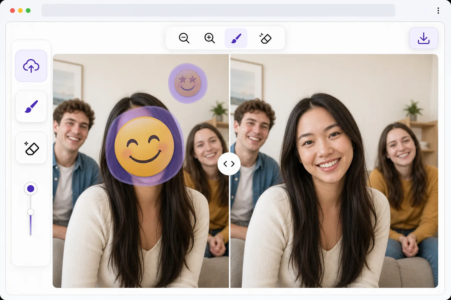 Emoji removal workflow showing a brushed emoji sticker over a portrait and an AI reconstructed clean photo result