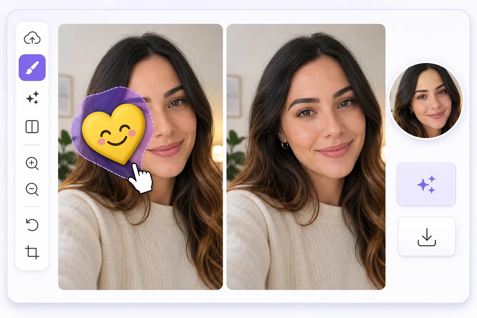 Profile picture emoji removal workflow showing a masked sticker on a headshot, a clean AI-inpainted portrait, and a circular avatar preview