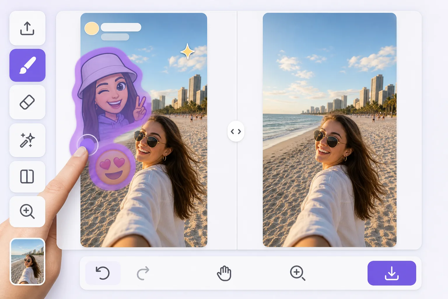 Snapchat-style sticker removal workflow showing a saved snap with emoji and avatar stickers brushed away into a clean AI-inpainted preview