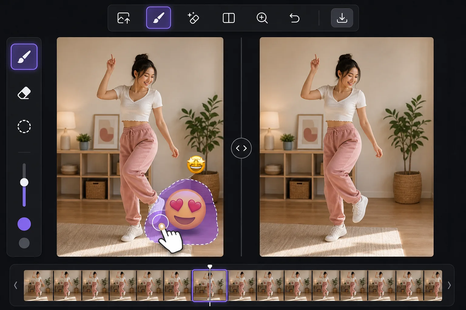 TikTok video frame emoji removal workflow showing a paused vertical frame brushed over and cleaned with AI inpainting