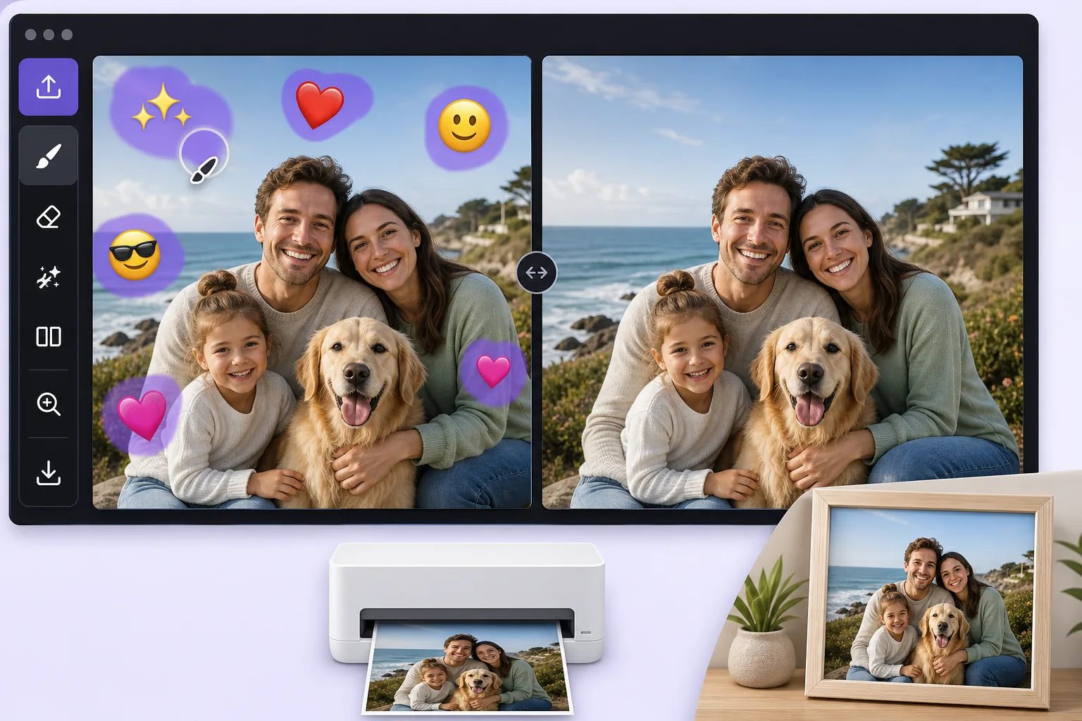 Decorative emoji overlay removal workflow showing sticker-covered family photo cleanup and a clean print-ready preview