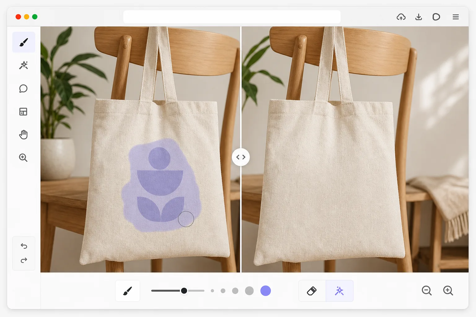 Logo removal workflow showing a brushed selection over a generic mark on fabric and a clean reconstructed texture after erasing
