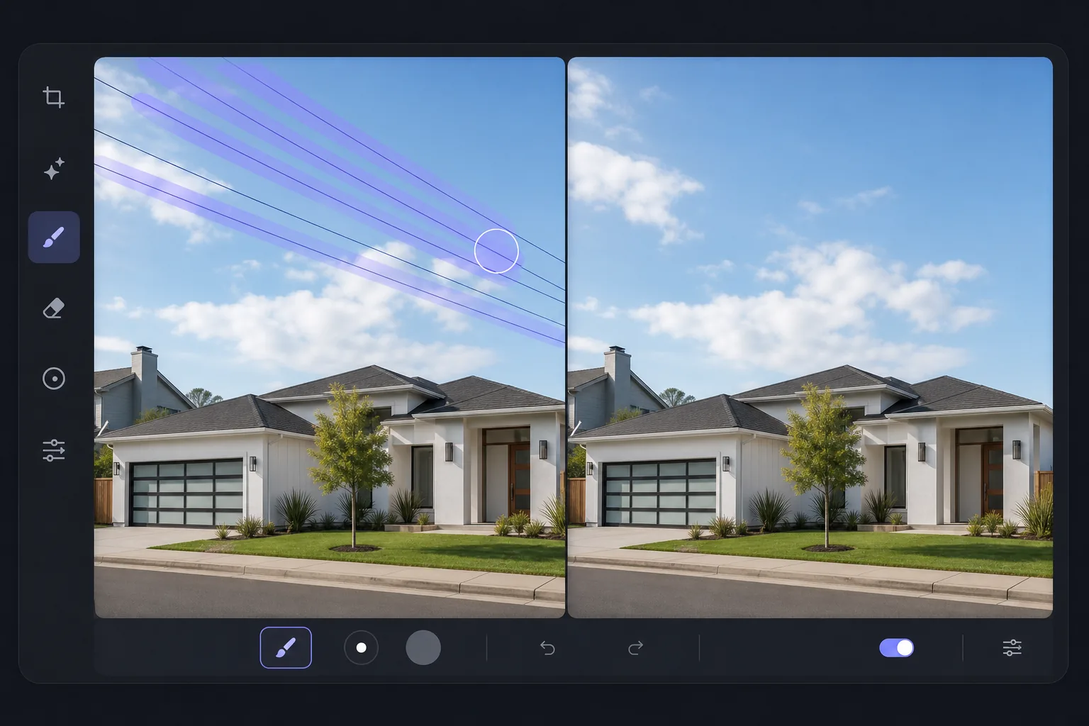 Power line removal workflow showing wires brushed out of a real estate exterior photo and replaced with clean sky