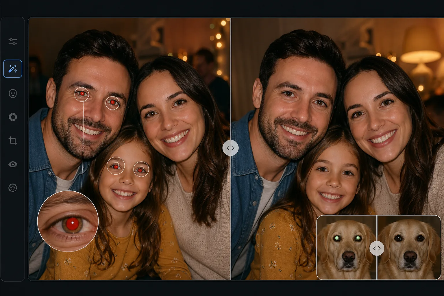 Red-eye removal workflow showing flash portraits with red pupils detected and corrected into natural eyes with preserved iris detail