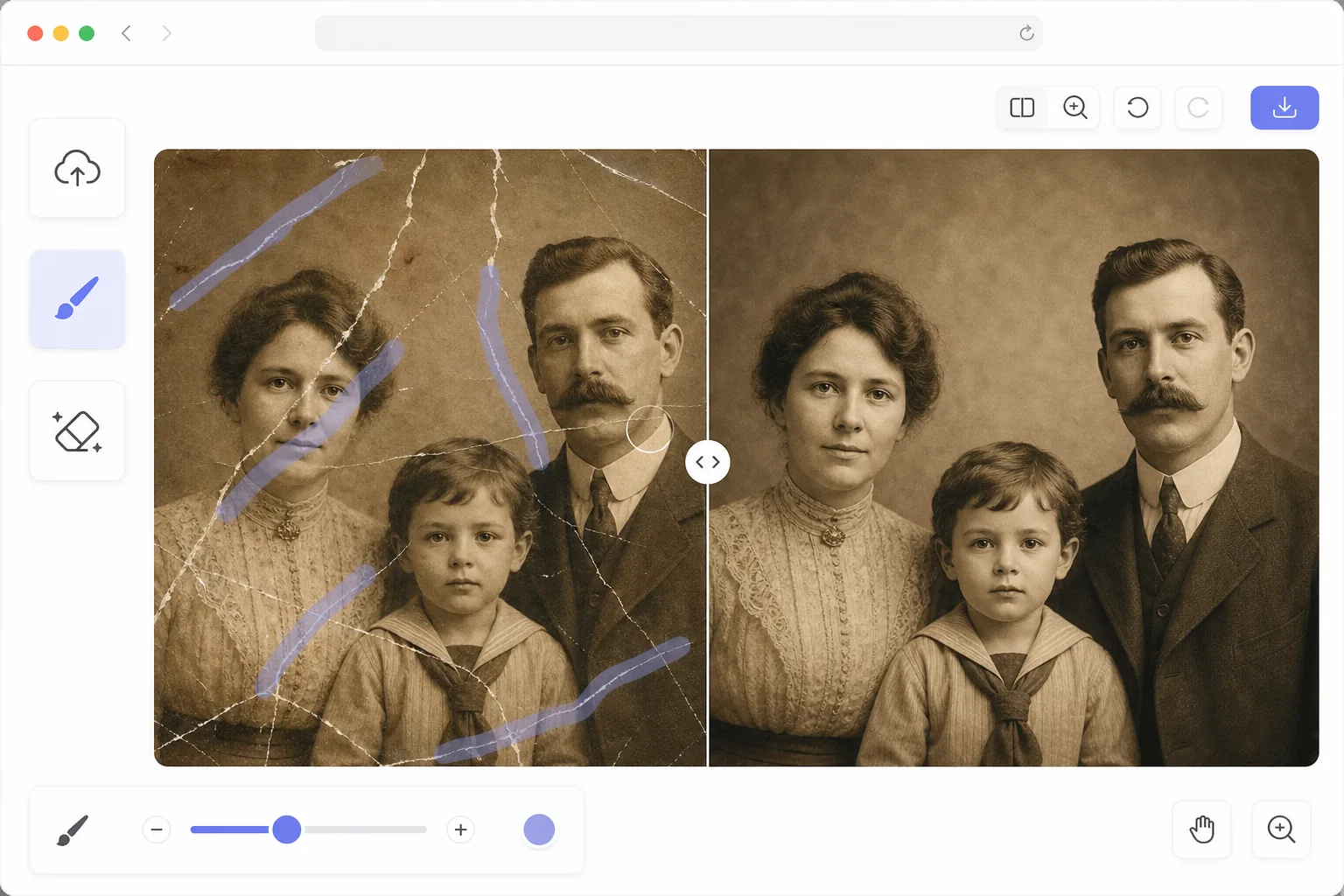 Photo scratch removal workflow showing brushed scratch marks on an old scanned portrait and a restored version with reconstructed detail