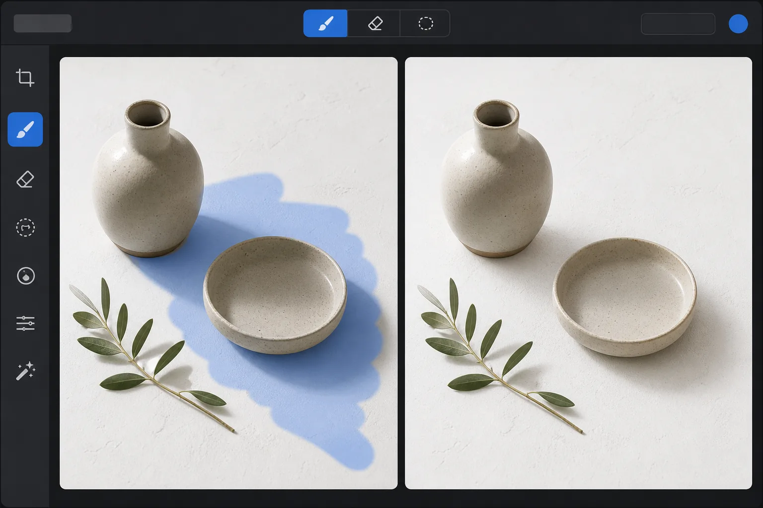Photo editor workflow showing a product shadow brushed for removal and a clean evenly lit result after AI processing