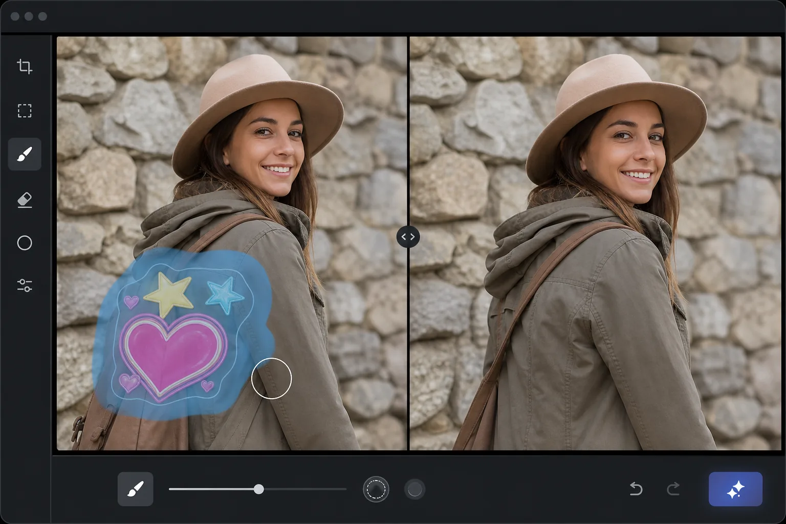 Sticker removal workflow showing a decorative overlay brushed out of a travel photo and the jacket and stone wall reconstructed underneath