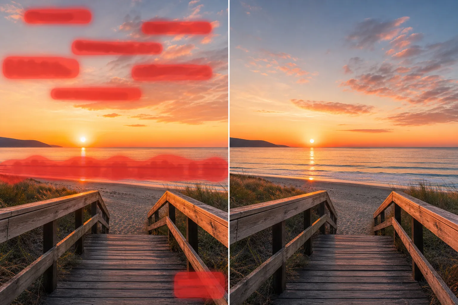 Before and after beach photo showing brushed overlay marks removed and sky and boardwalk restored