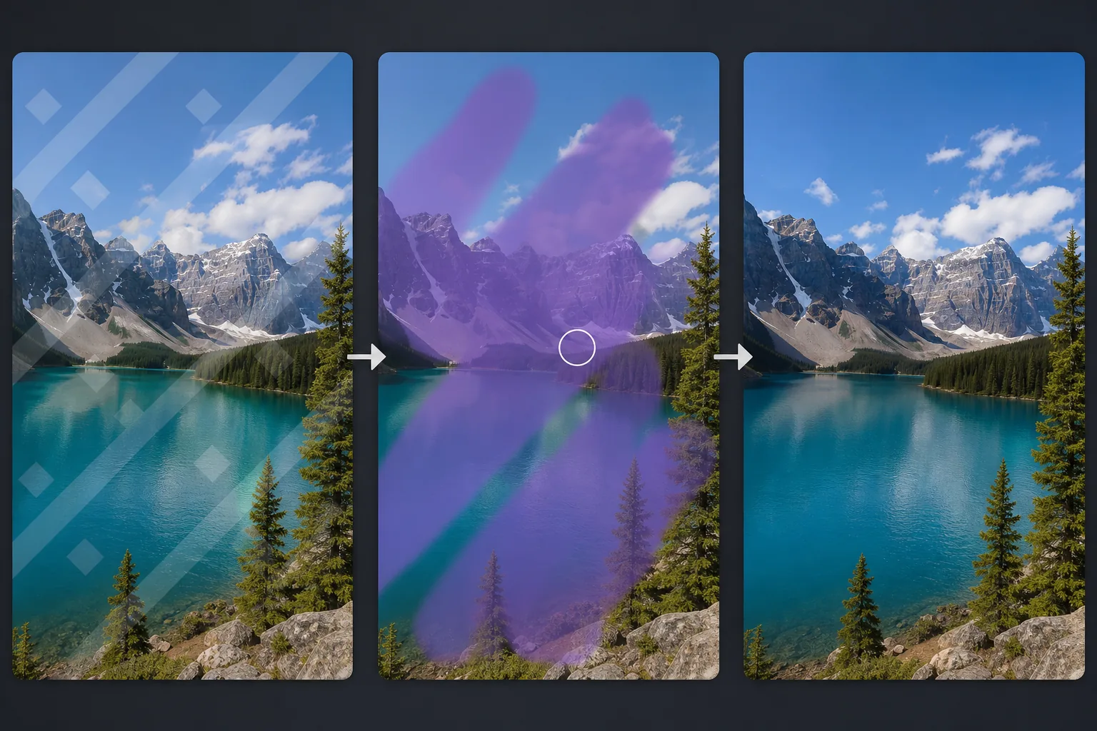 Three-panel workflow showing an abstract watermark overlay brushed with a mask and removed from a mountain lake photo